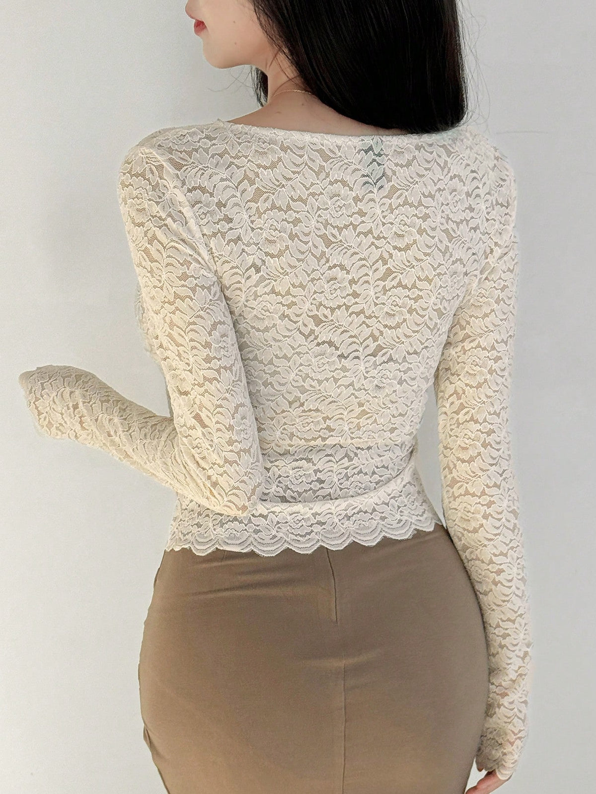 DAZY Women's Solid Color Lace Top With Scalloped Hem Going Out Tops Long Sleeve Women Tops