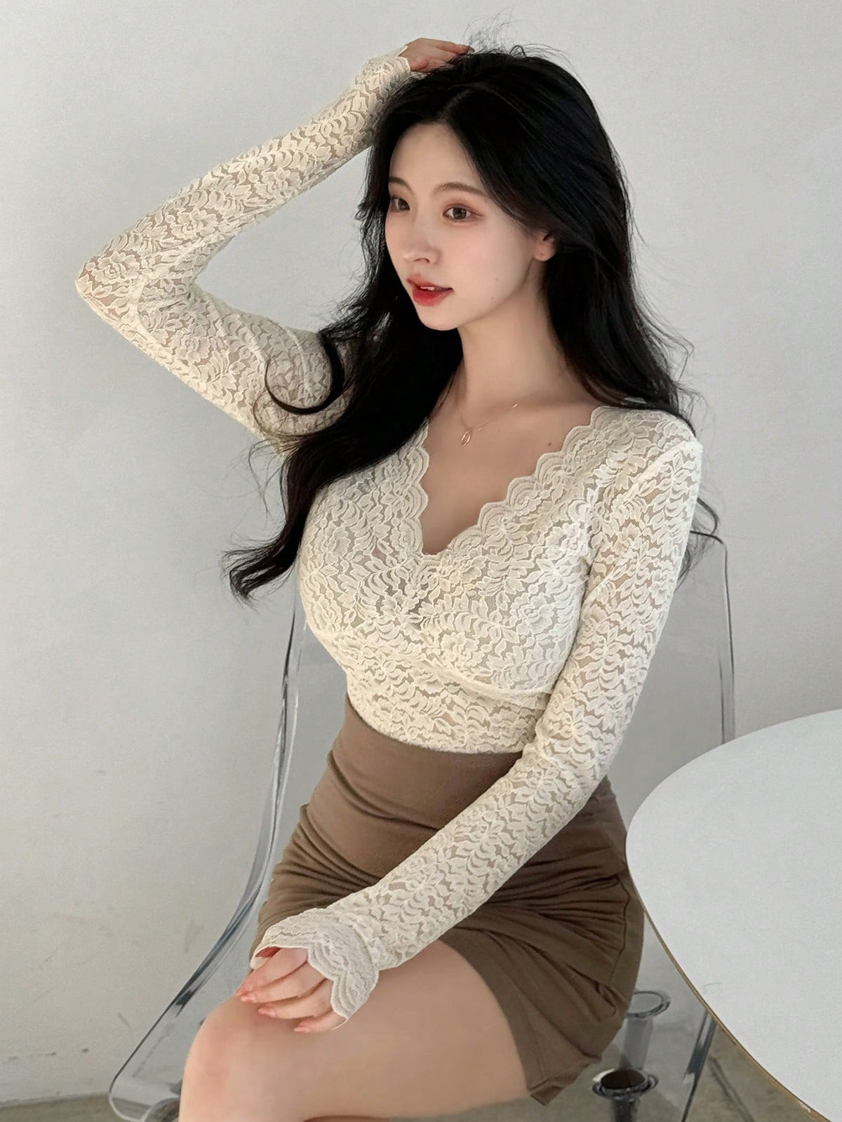 DAZY Women's Solid Color Lace Top With Scalloped Hem Going Out Tops Long Sleeve Women Tops