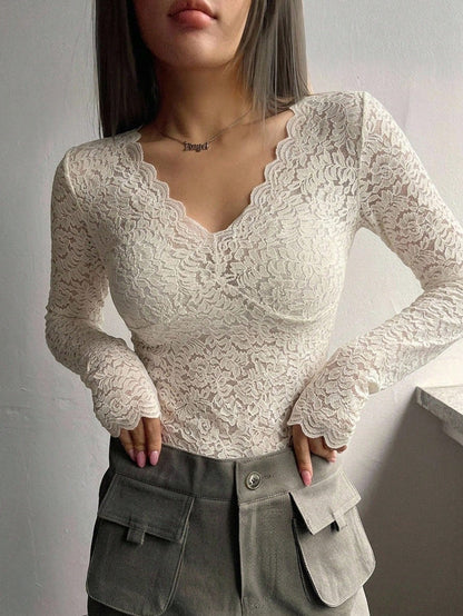 DAZY Women's Solid Color Lace Top With Scalloped Hem Going Out Tops Long Sleeve Women Tops