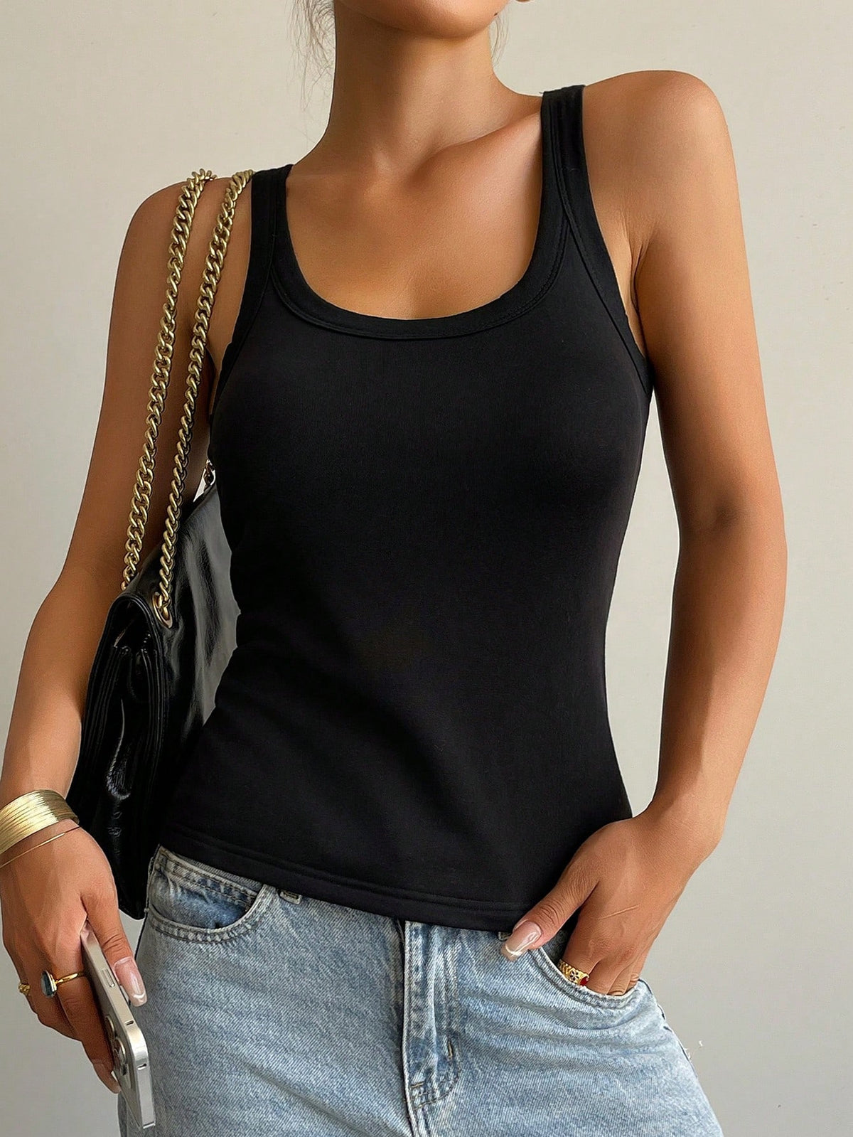 DAZY Women's Solid Color Round Neck Casual Thermal Lined Tank Top, Autumn/Winter