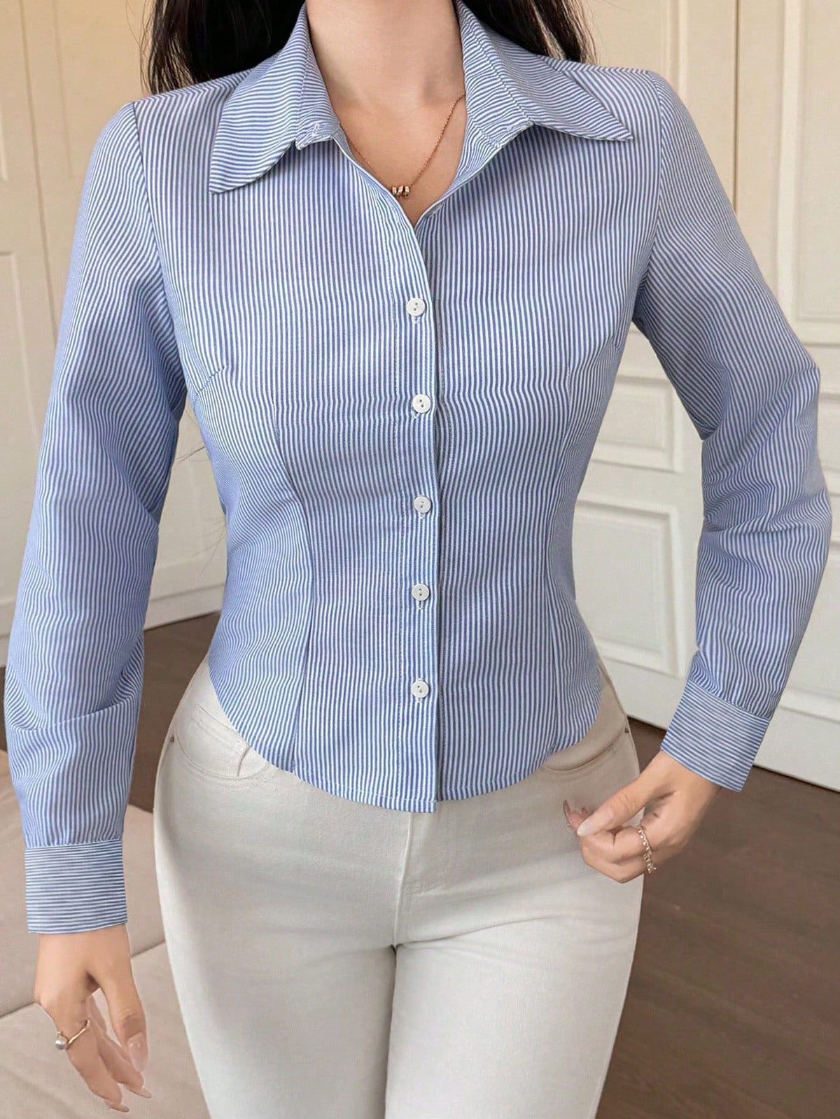 DAZY Women's Striped Minimalist Casual Long Sleeve Shirt