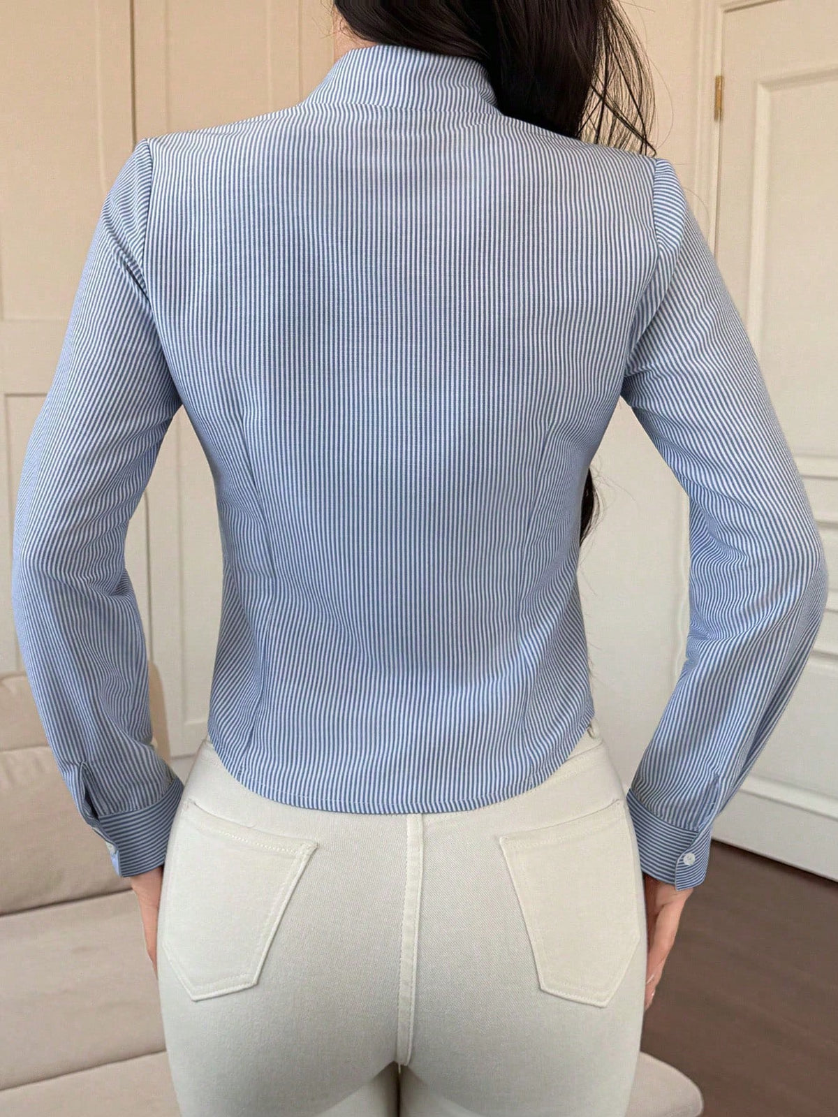 DAZY Women's Striped Minimalist Casual Long Sleeve Shirt
