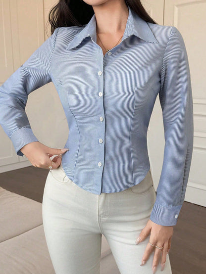 DAZY Women's Striped Minimalist Casual Long Sleeve Shirt