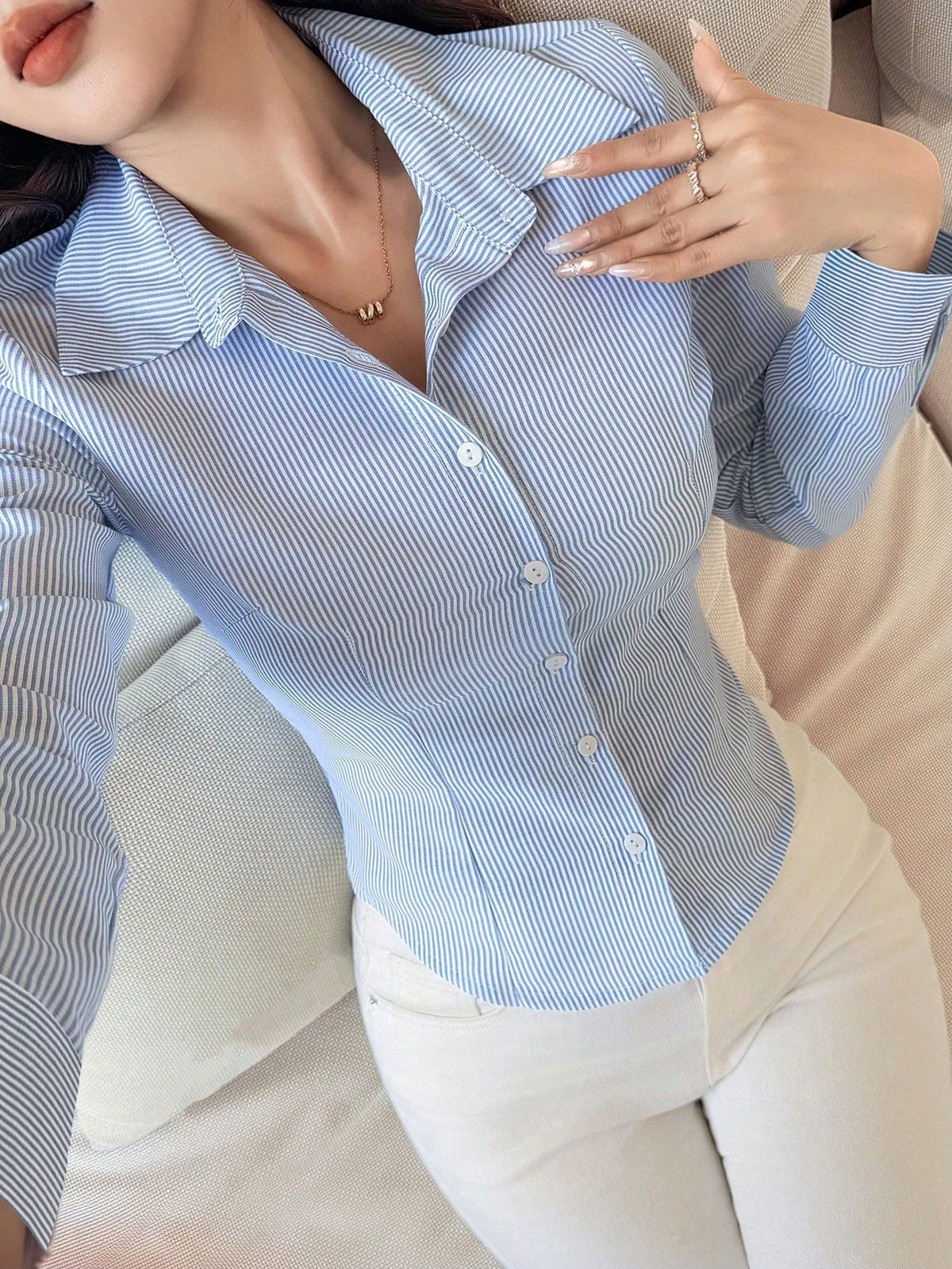 DAZY Women's Striped Minimalist Casual Long Sleeve Shirt