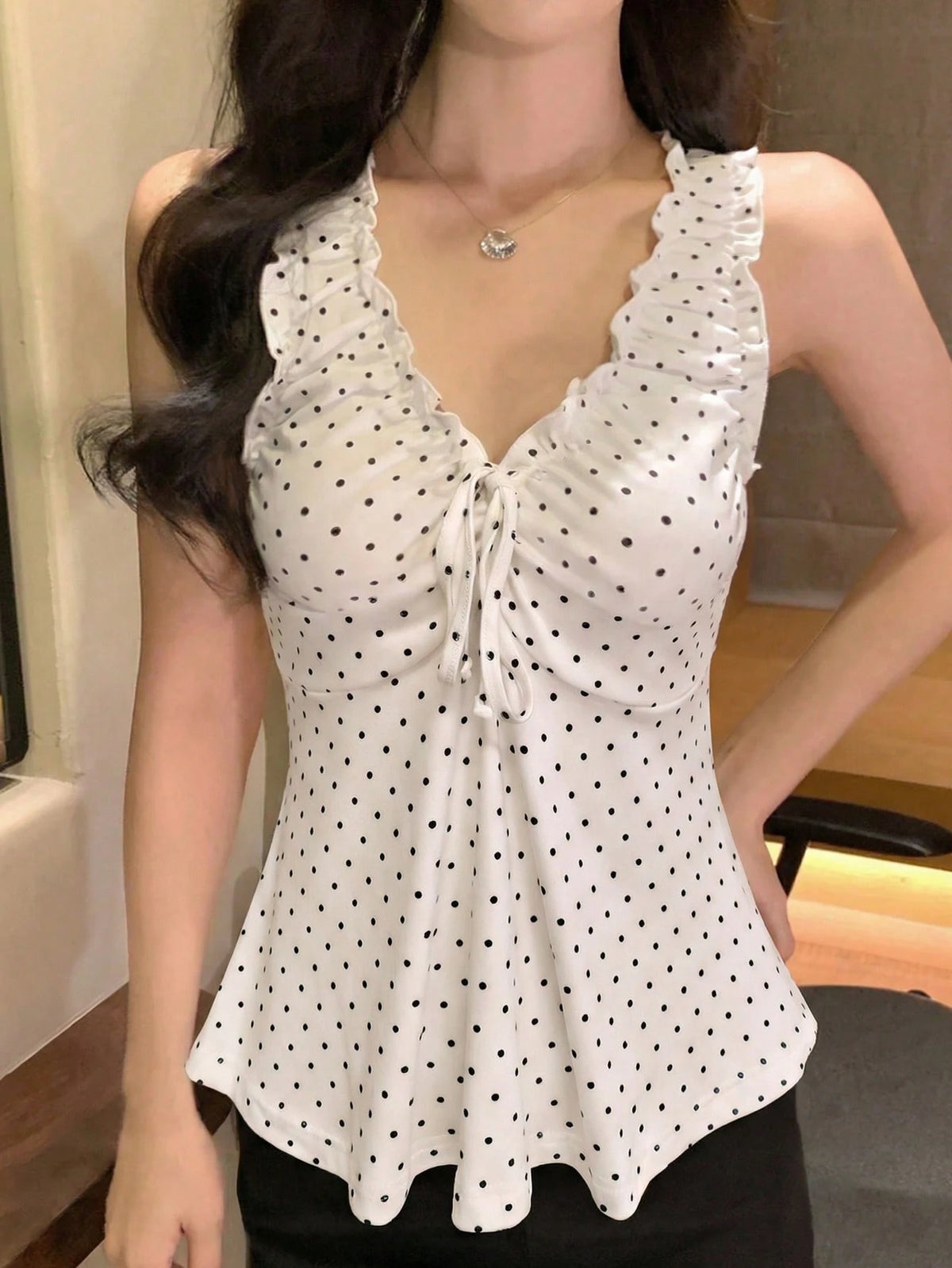 DAZY Women's Summer Polka Dot Allover Print Ruched V-Neck Sleeveless Casual Tank Top