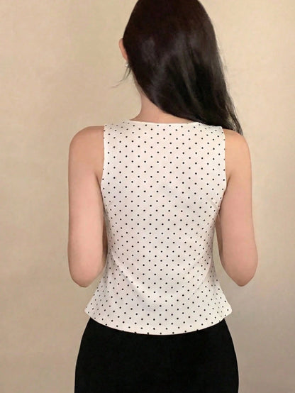 DAZY Women's Summer Polka Dot Allover Print Ruched V-Neck Sleeveless Casual Tank Top