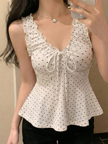 DAZY Women's Summer Polka Dot Allover Print Ruched V-Neck Sleeveless Casual Tank Top