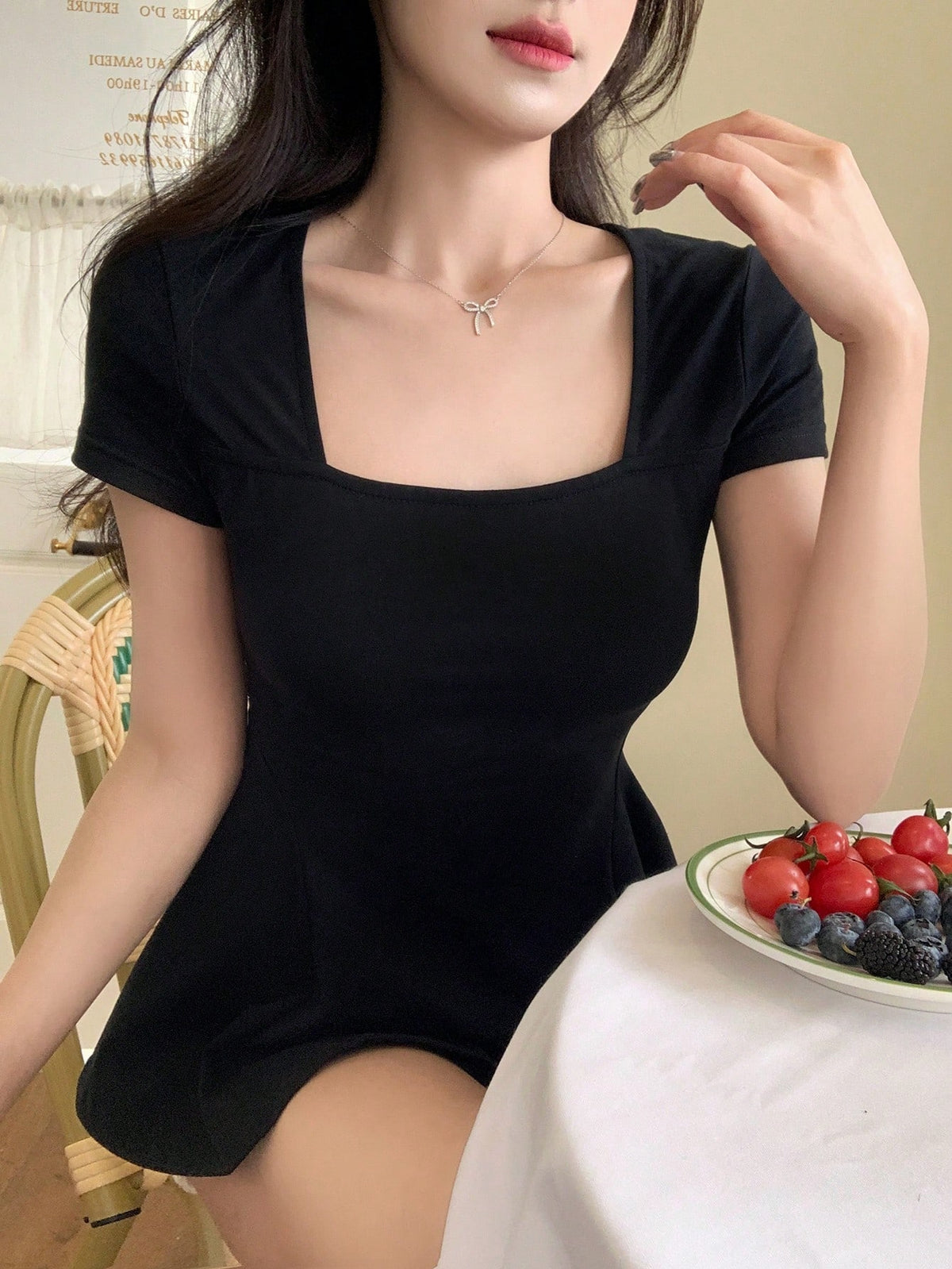 DAZY Women Solid Color Scoop Neck Ruffle Hem Casual Short Sleeve T-Shirt, Summer Preppy Tops Vacation Babydoll Top Cute Tops