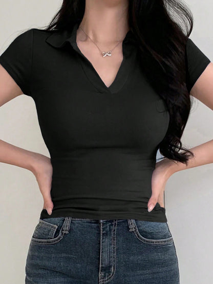 DAZY Women Solid Color Slim Fit Casual Short Sleeve Polo T-Shirt, Summer,Business Casual Women Preppy Tops