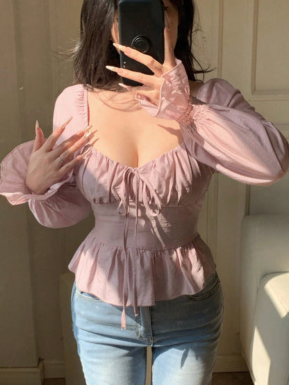 DAZY Women Square Collar Long Sleeve Ruffle Hem Crop Shirt,Back To School Clothes Valentine's Day Babydoll Top Going Out Tops