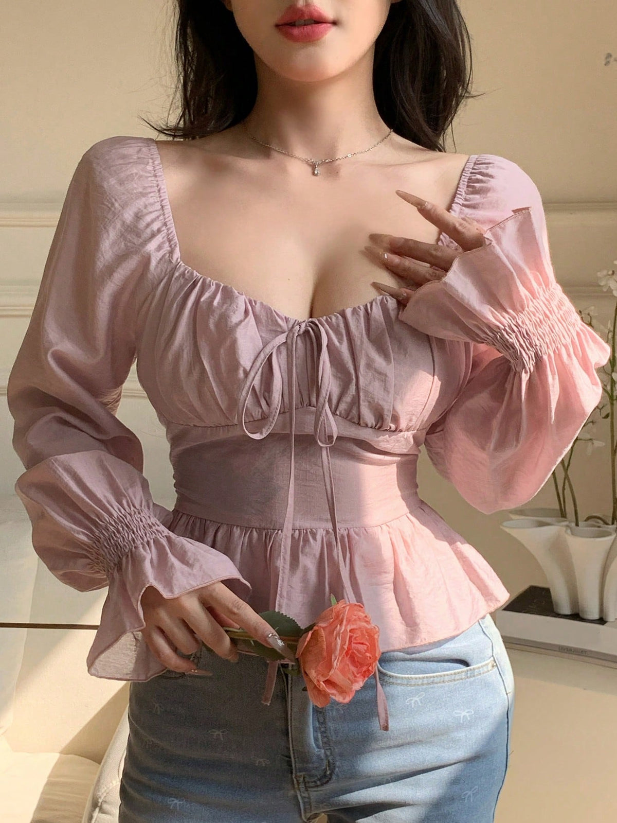 DAZY Women Square Collar Long Sleeve Ruffle Hem Crop Shirt,Back To School Clothes Valentine's Day Babydoll Top Going Out Tops