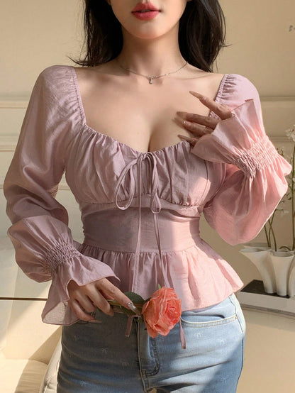 DAZY Women Square Collar Long Sleeve Ruffle Hem Crop Shirt,Back To School Clothes Valentine's Day Babydoll Top Going Out Tops
