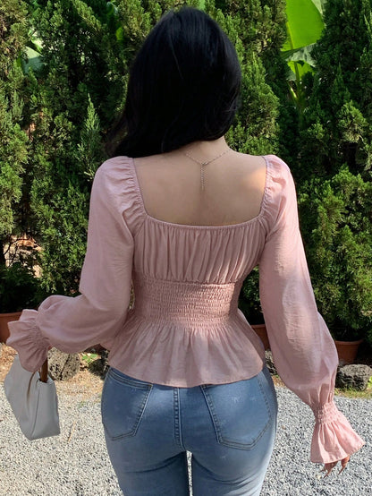 DAZY Women Square Collar Long Sleeve Ruffle Hem Crop Shirt,Back To School Clothes Valentine's Day Babydoll Top Going Out Tops