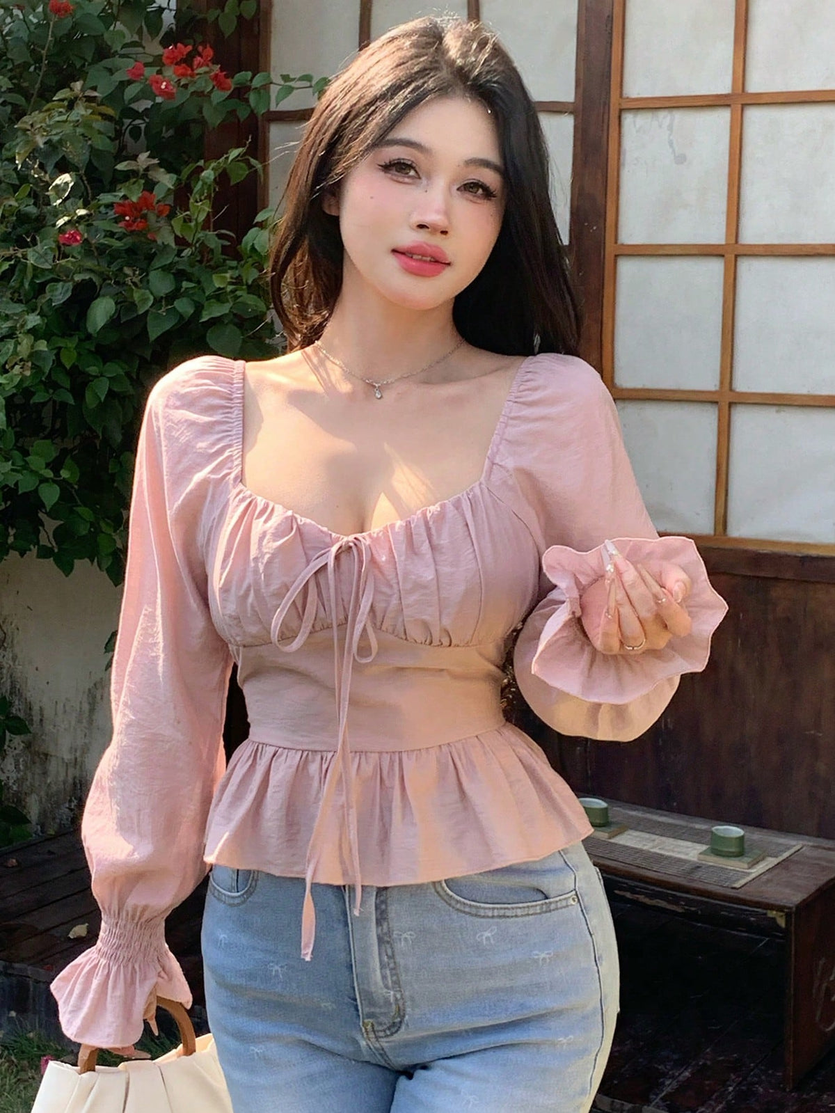 DAZY Women Square Collar Long Sleeve Ruffle Hem Crop Shirt,Back To School Clothes Valentine's Day Babydoll Top Going Out Tops