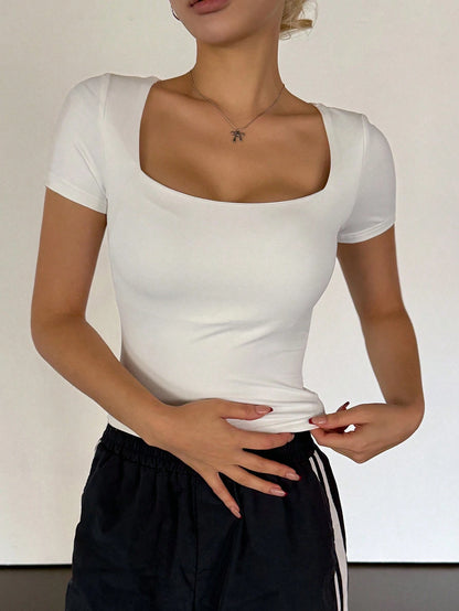 DAZY Women Square Neck Short Sleeve Fitted Solid Color T-Shirt, Casual Everyday Wear,Crop Tops Women Cute Tops