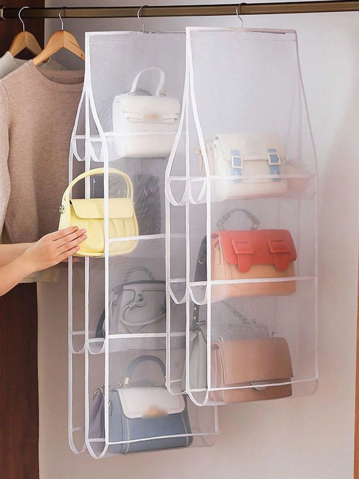 Double-Sided Hanging Large Capacity Tote Bag, Double-Sided Multi-Layer Dust-Proof Storage Bag, Foldable Hanging Leather Bag Storage Bag, Suitable For Storing Towels, Bags, Scarves And Clothes- Wardro