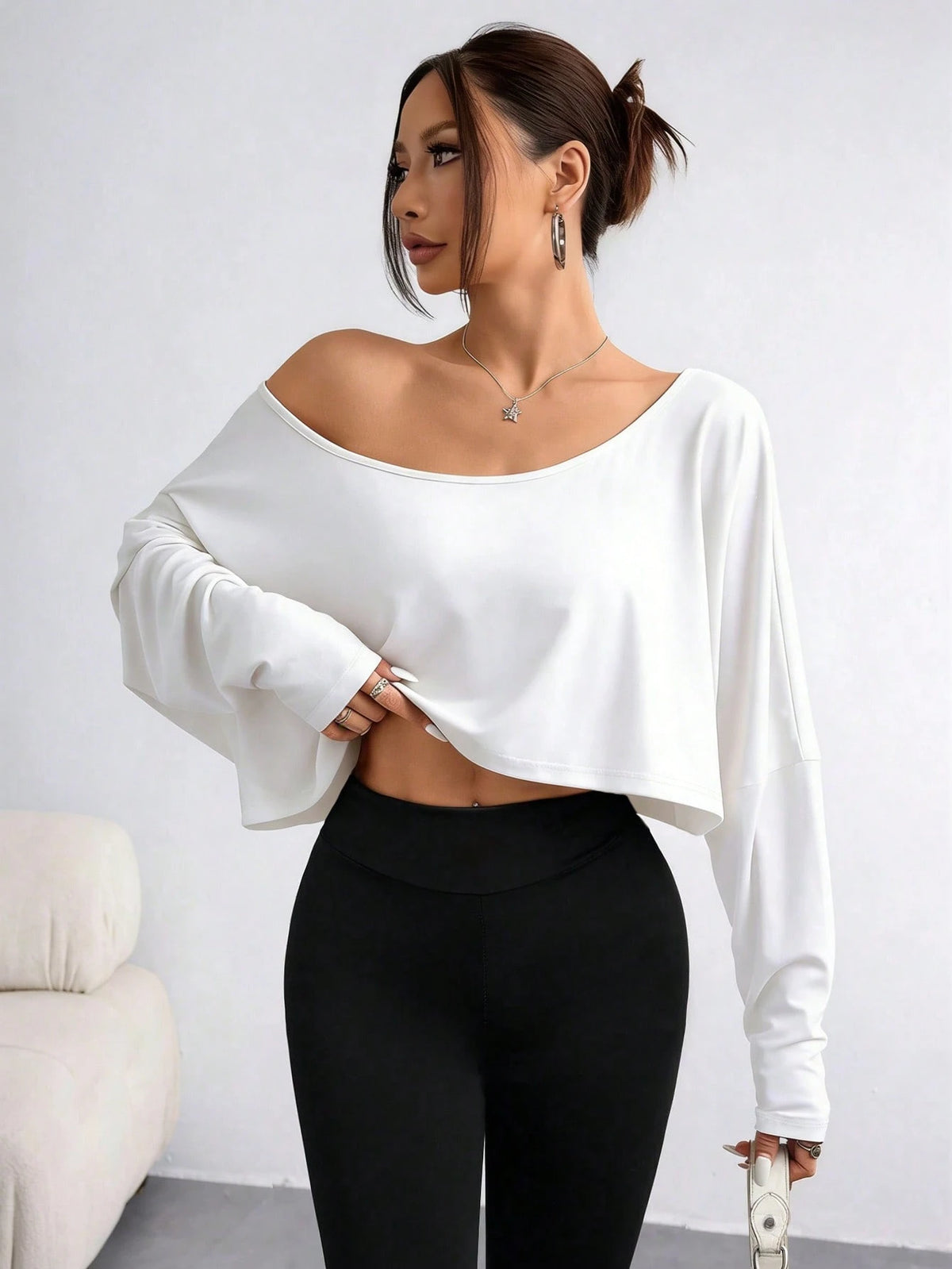 DrmWander Plus-Size Women's Striped Asymmetrical-Neck Long-Sleeve Cropped Casual T-Shirt Fall