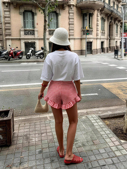 DrmWander Women's Summer Casual Vacation Daily Commute Floral Plaid Print Ruffle Hem Loose Shorts