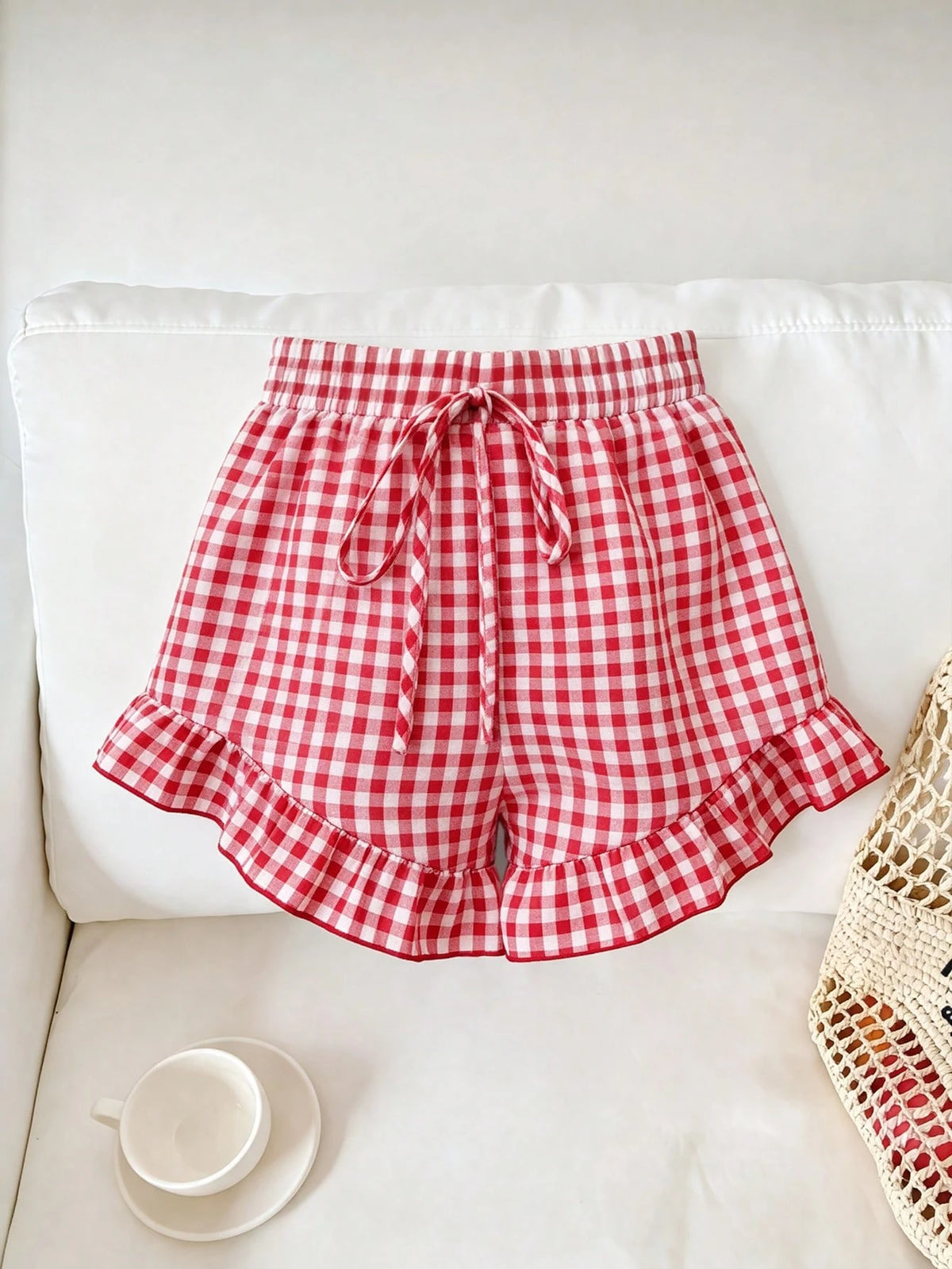DrmWander Women's Summer Casual Vacation Daily Commute Floral Plaid Print Ruffle Hem Loose Shorts