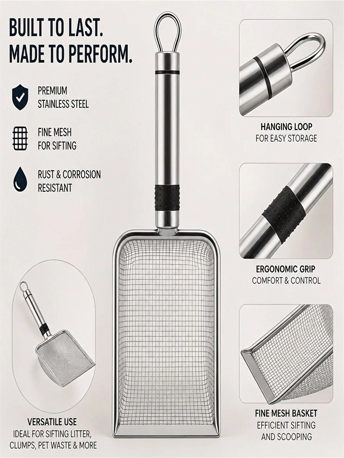 Durable Stainless Steel Cat Litter Scoop, Easy To Clean Pet Waste Shovel