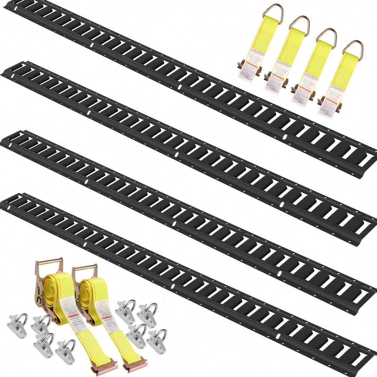 E Track Tie-Down Rail Kit, 18PCS 5' E-Tracks Set Includes 4 Steel Rails & 8 O-Ring Anchors & 4 Tie-Offs With D-Ring & 2 Ratchet Straps, Securing Accessories For Cargo Motorcycles Bikes, 2000 Lbs