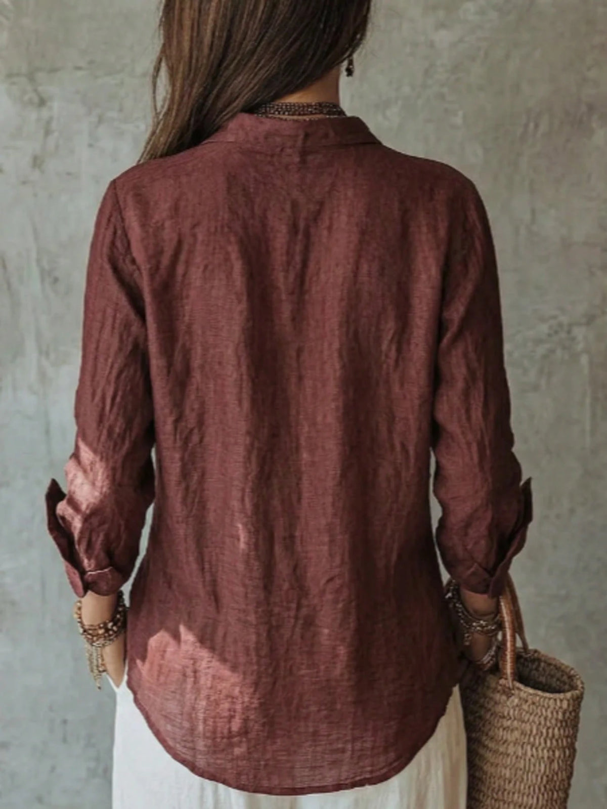 Early Autumn Brightening Solid Color Lightweight Breathable Shirt Design With Double Patch Pockets, Turn-Down Collar, Cardigan Style, Commute Casual Draping Blouse
