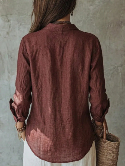 Early Autumn Brightening Solid Color Lightweight Breathable Shirt Design With Double Patch Pockets, Turn-Down Collar, Cardigan Style, Commute Casual Draping Blouse