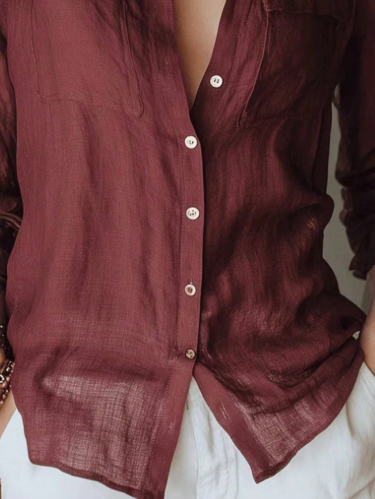 Early Autumn Brightening Solid Color Lightweight Breathable Shirt Design With Double Patch Pockets, Turn-Down Collar, Cardigan Style, Commute Casual Draping Blouse