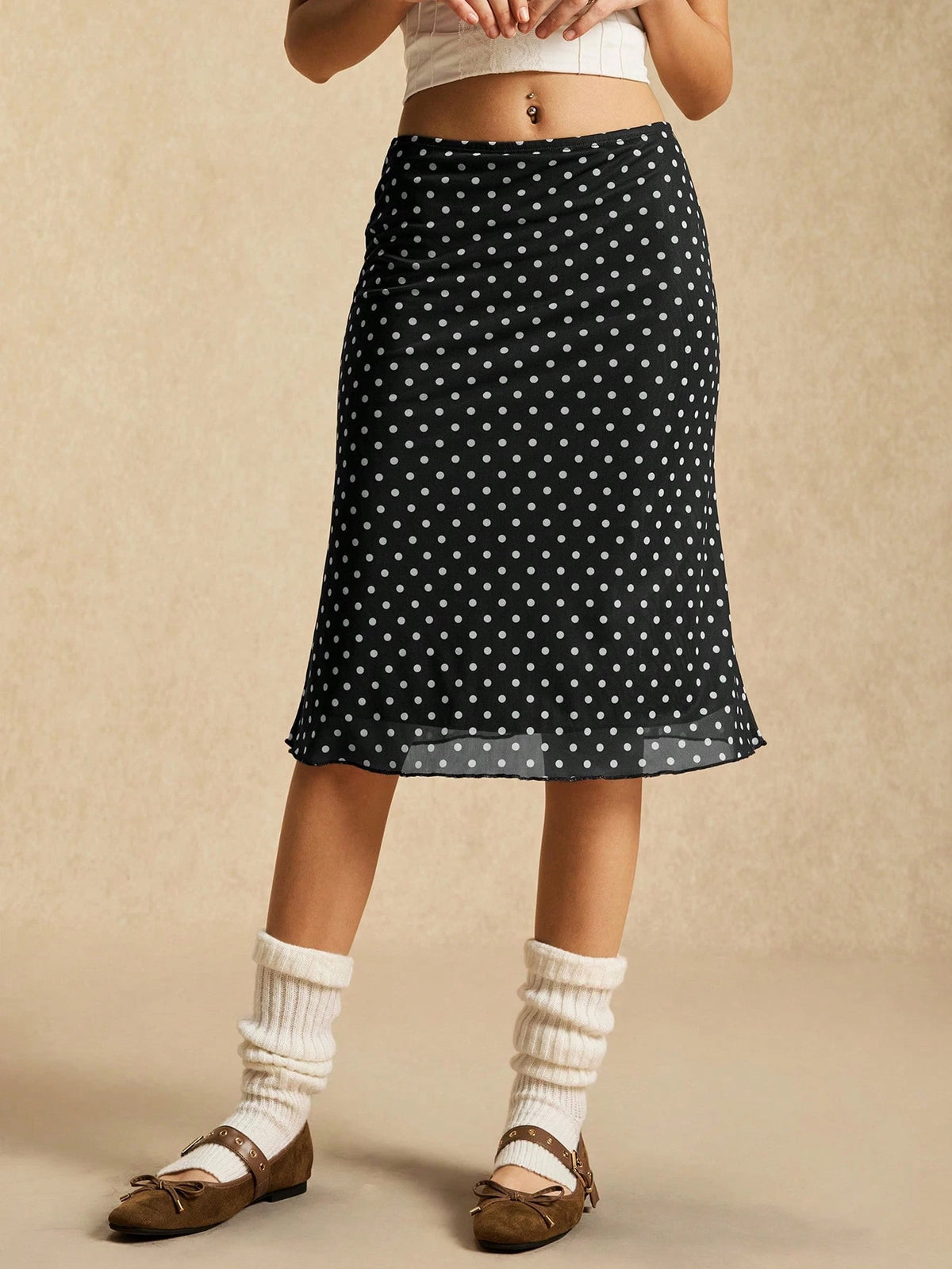Easelle Contrast Color Mesh Polka Dot Women Skirt