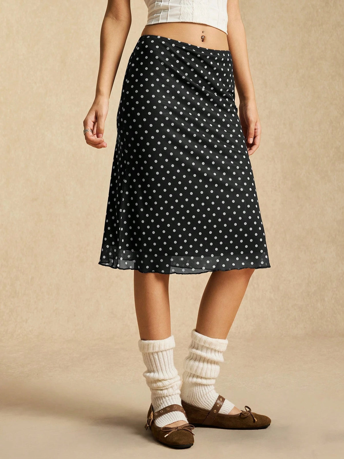 Easelle Contrast Color Mesh Polka Dot Women Skirt