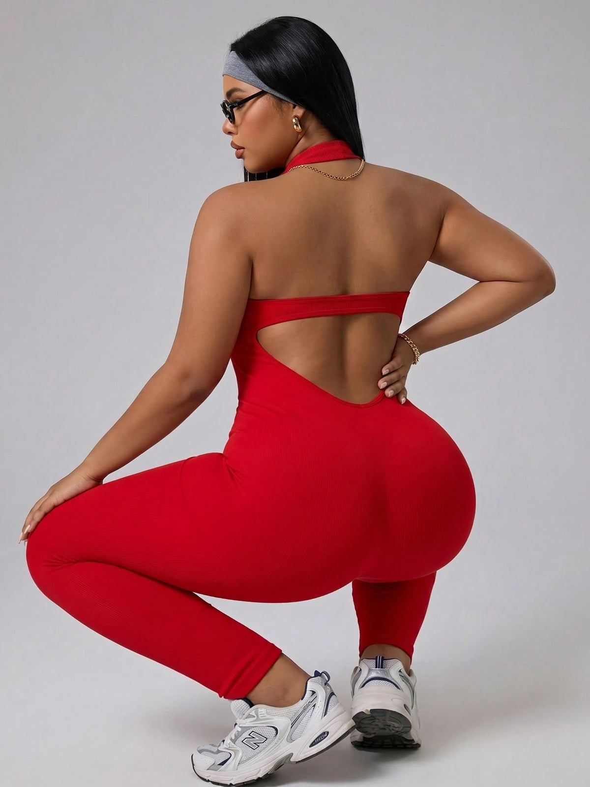 Easithlete Women's Plus Size Solid Color Casual Daily Gym Travel Sports Jumpsuit Red And White Summer
