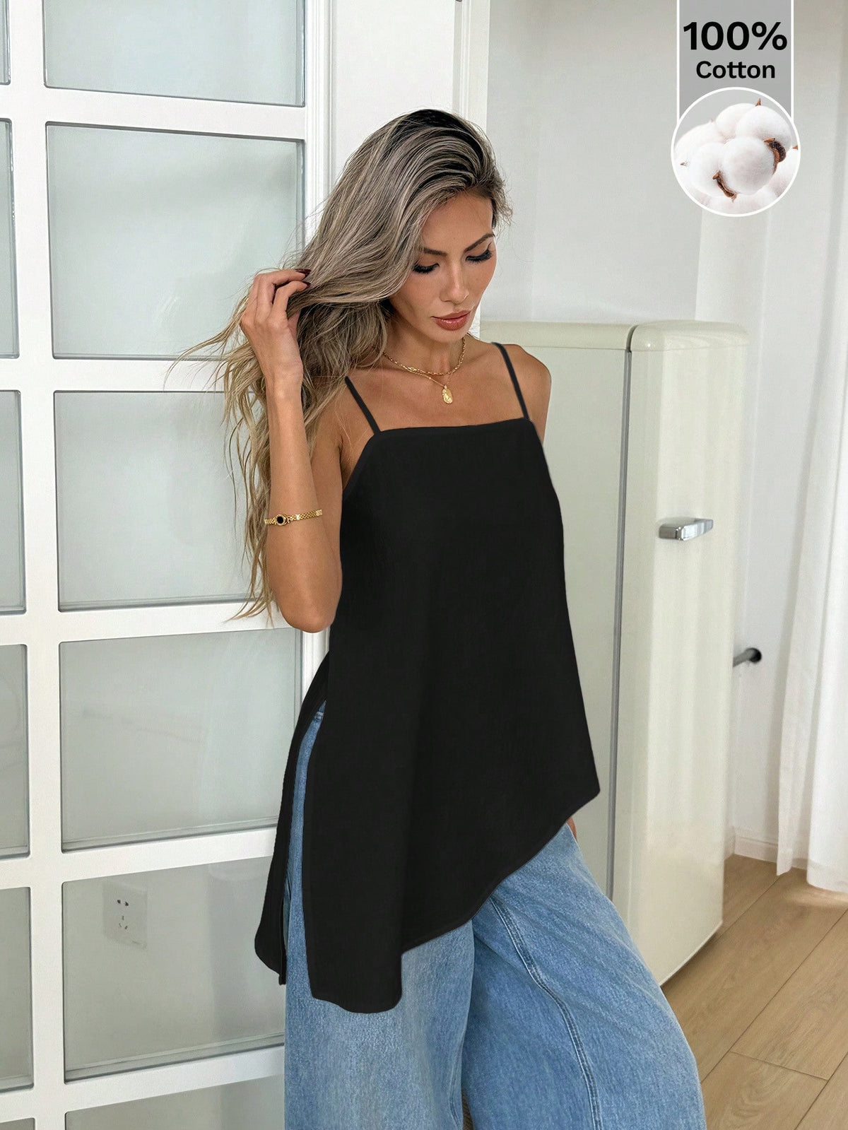 Easowa Spaghetti Strap Asymmetrical Hem Sleeveless Camisole Top For Summer,Summer Top Vacation Black Basic Casual Minimalist Modest