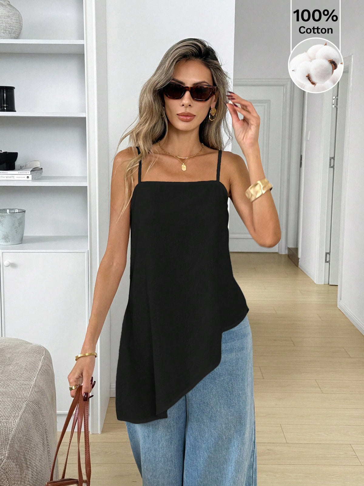 Easowa Spaghetti Strap Asymmetrical Hem Sleeveless Camisole Top For Summer,Summer Top Vacation Black Basic Casual Minimalist Modest