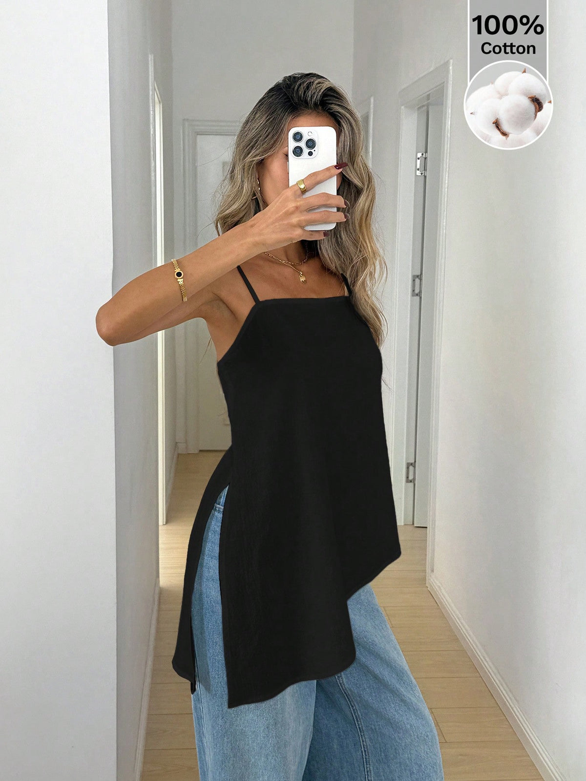 Easowa Spaghetti Strap Asymmetrical Hem Sleeveless Camisole Top For Summer,Summer Top Vacation Black Basic Casual Minimalist Modest