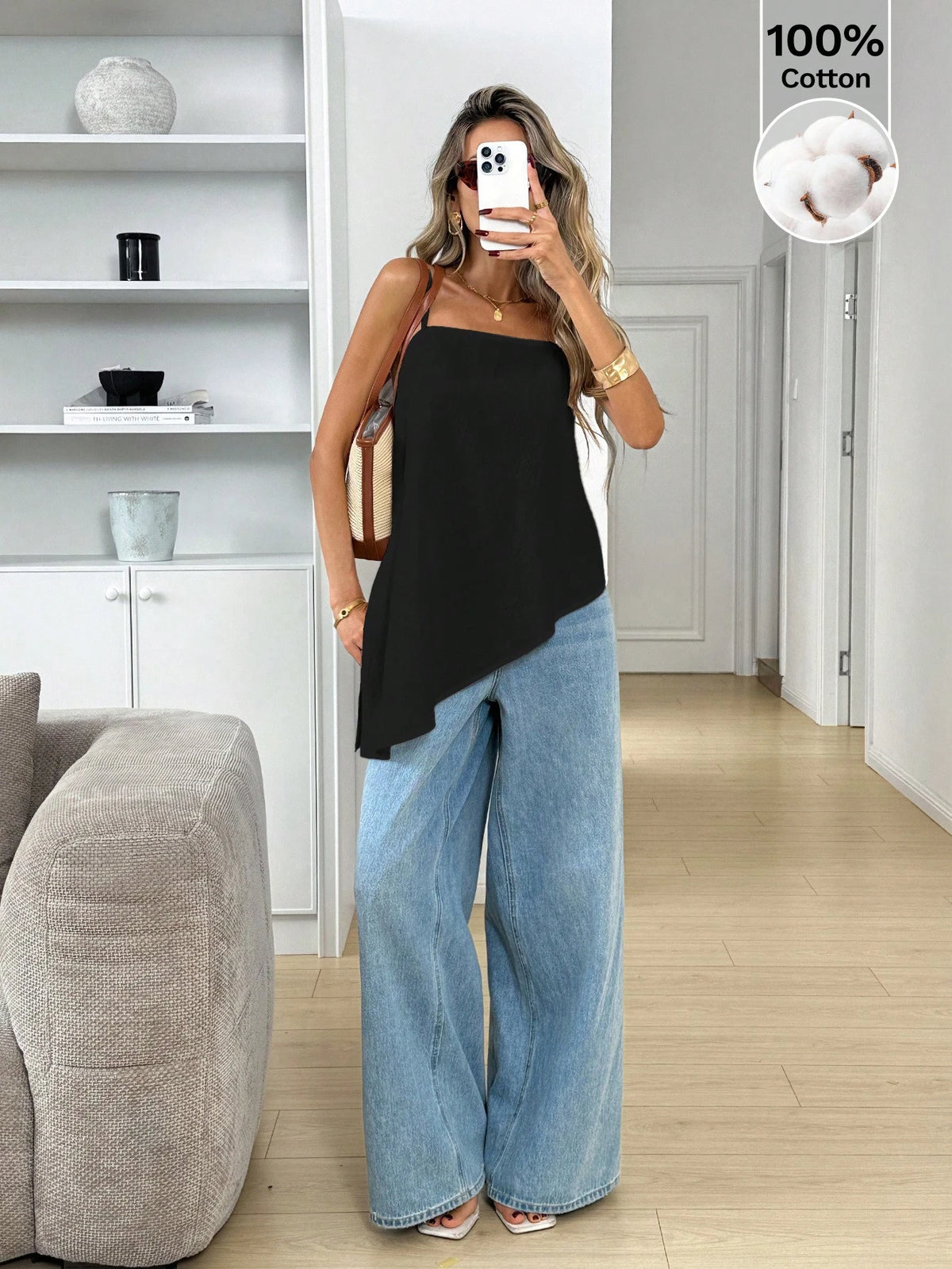Easowa Spaghetti Strap Asymmetrical Hem Sleeveless Camisole Top For Summer,Summer Top Vacation Black Basic Casual Minimalist Modest