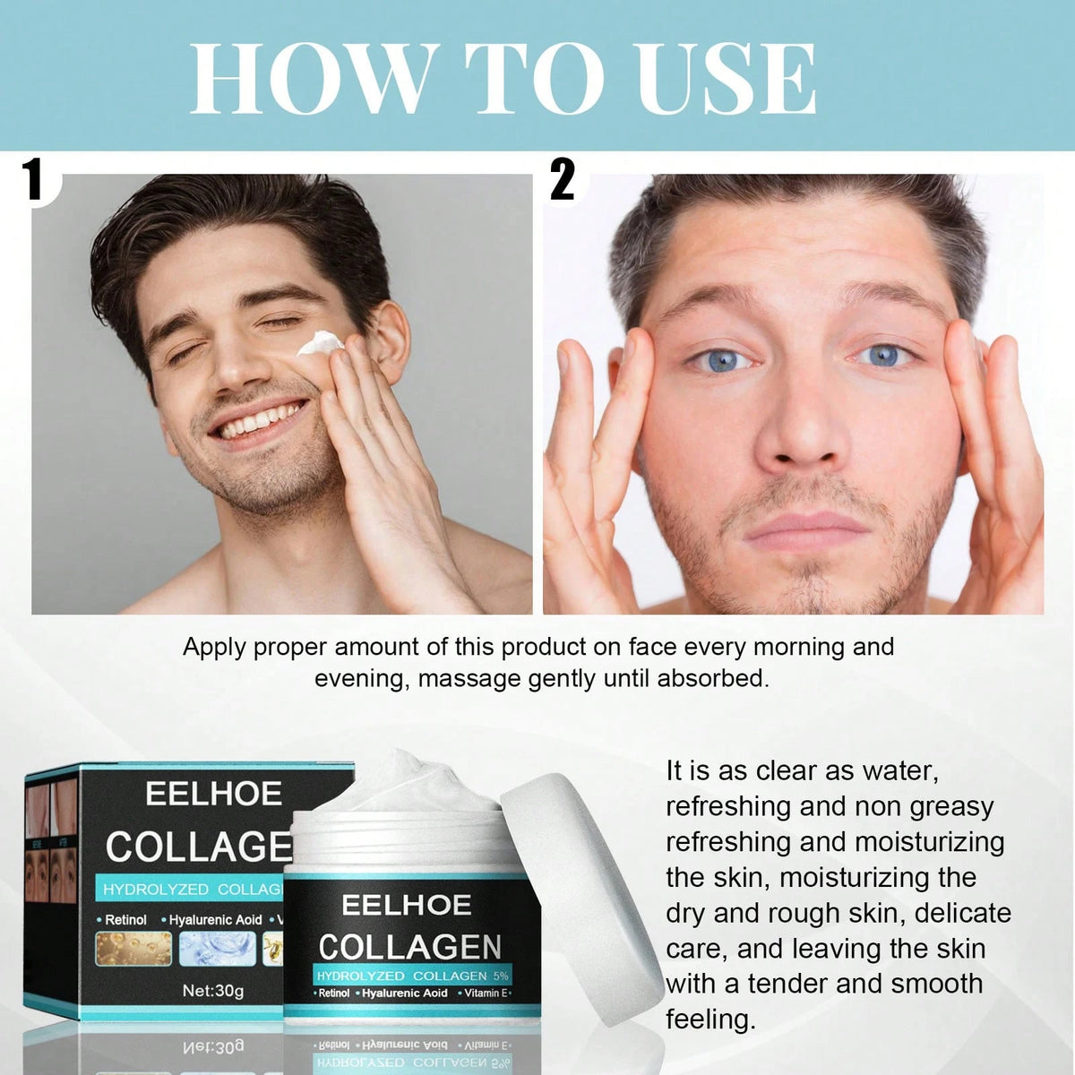 EELHOE 50g Men's Collagen Face Cream, Retinol Moisturizer With Hyaluronic Acid & Vitamin E, Hydrating Firming Facial Cream For Men's Daily Skin Care
