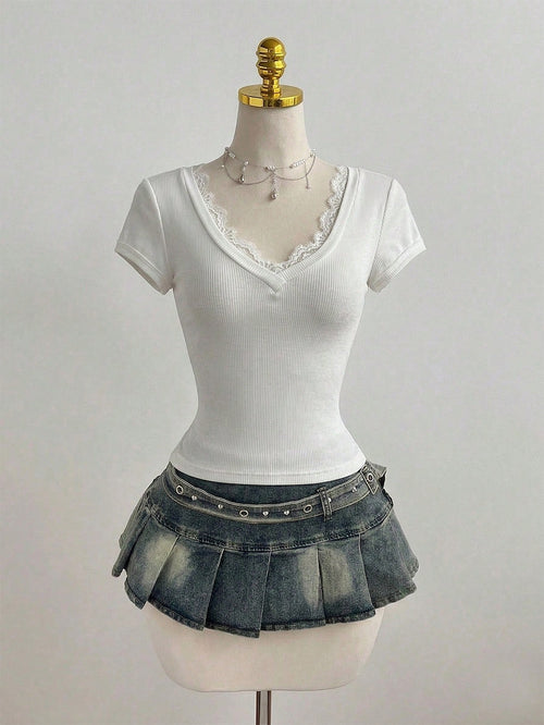 Elamini Casual Lace Patchwork Deep V-Neck Grey Slim Fit Short Sleeve T-Shirt, Spring/Summer