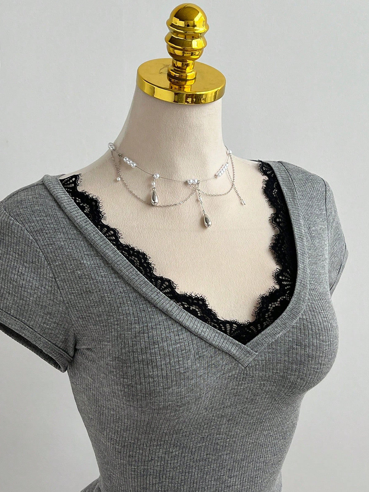 Elamini Casual Lace Patchwork Deep V-Neck Grey Slim Fit Short Sleeve T-Shirt, Spring/Summer