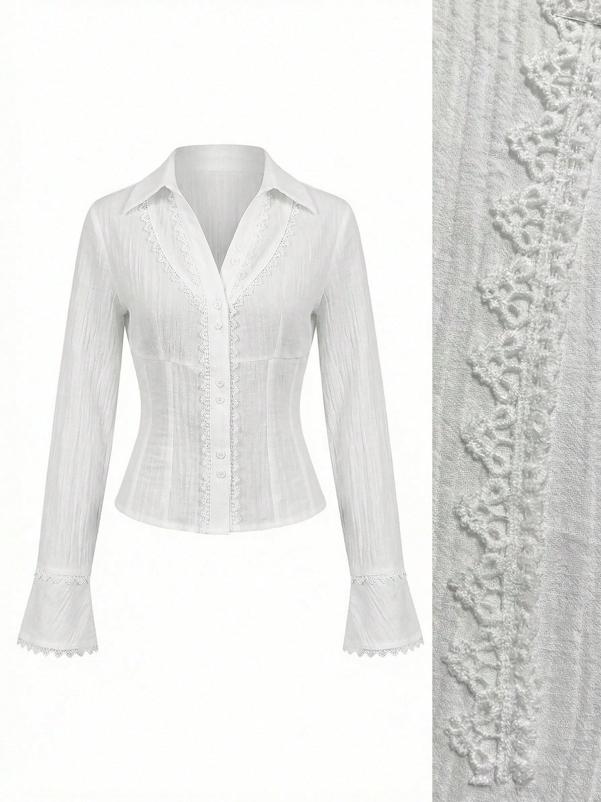 Elamini Women's Lace Patchwork V-Neck Elegant Commuter Flared Long Sleeve Cotton Shirt