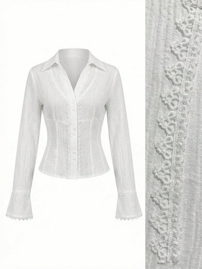 Elamini Women's Lace Patchwork V-Neck Elegant Commuter Flared Long Sleeve Cotton Shirt