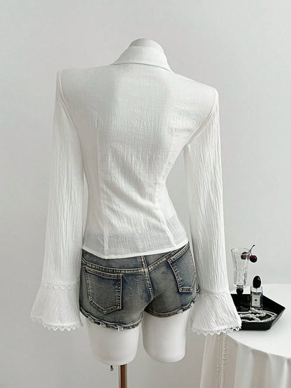Elamini Women's Lace Patchwork V-Neck Elegant Commuter Flared Long Sleeve Cotton Shirt
