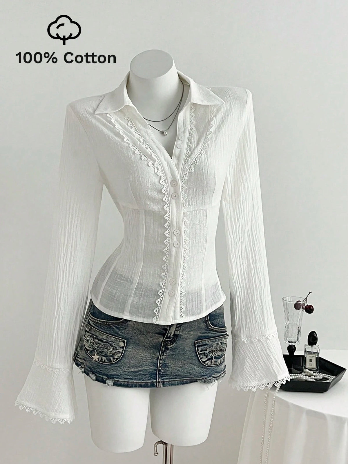Elamini Women's Lace Patchwork V-Neck Elegant Commuter Flared Long Sleeve Cotton Shirt