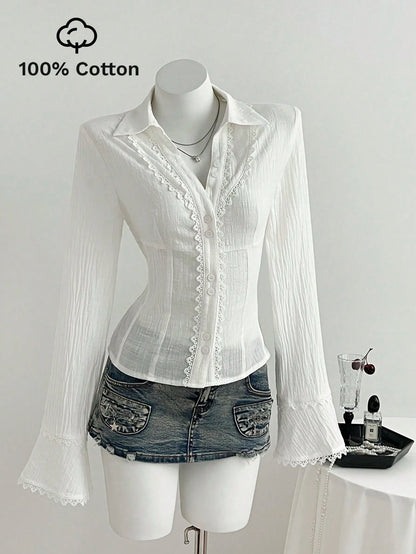 Elamini Women's Lace Patchwork V-Neck Elegant Commuter Flared Long Sleeve Cotton Shirt