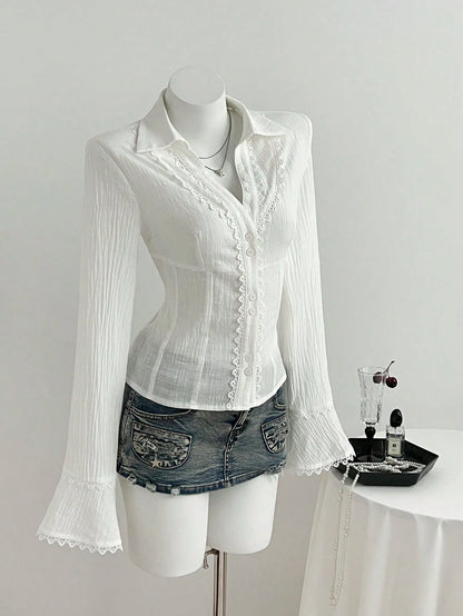 Elamini Women's Lace Patchwork V-Neck Elegant Commuter Flared Long Sleeve Cotton Shirt