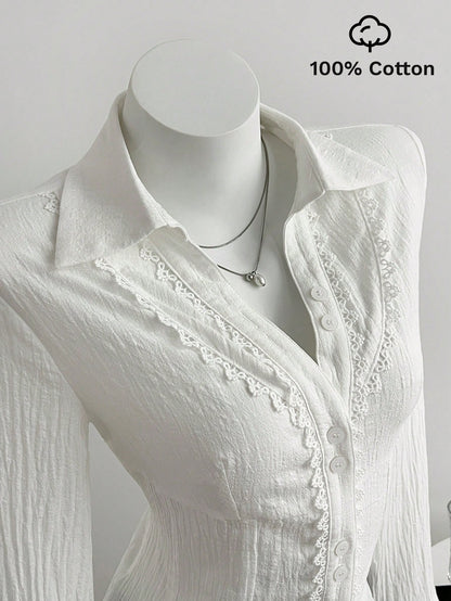 Elamini Women's Lace Patchwork V-Neck Elegant Commuter Flared Long Sleeve Cotton Shirt