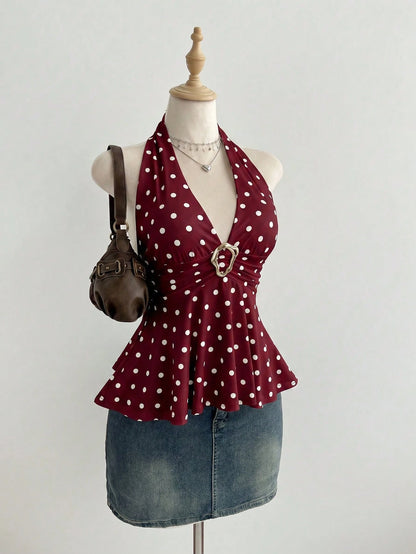 Elamini Women's Simple Polka Dot Metal Decor Halter Neck Tank Top, Summer