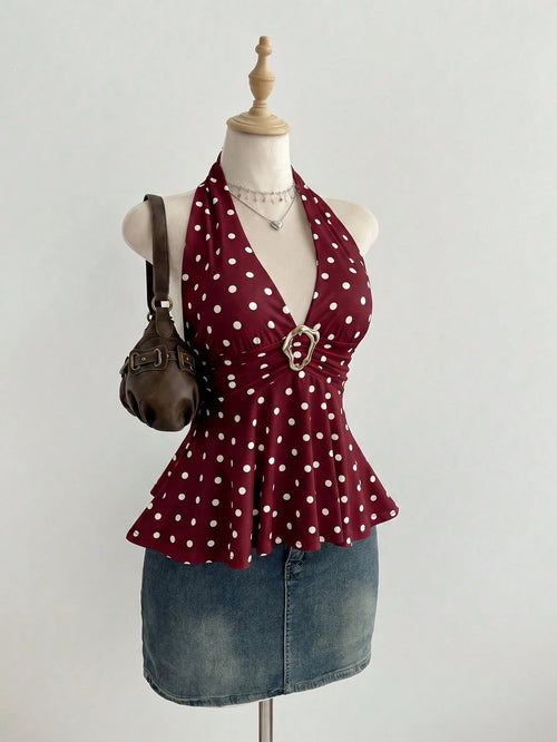 Elamini Women's Simple Polka Dot Metal Decor Halter Neck Tank Top, Summer