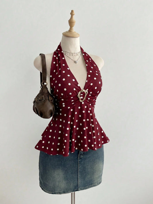 Elamini Women's Simple Polka Dot Metal Decor Halter Neck Tank Top, Summer
