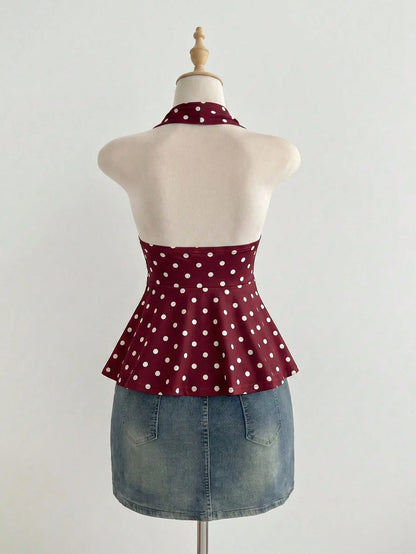 Elamini Women's Simple Polka Dot Metal Decor Halter Neck Tank Top, Summer