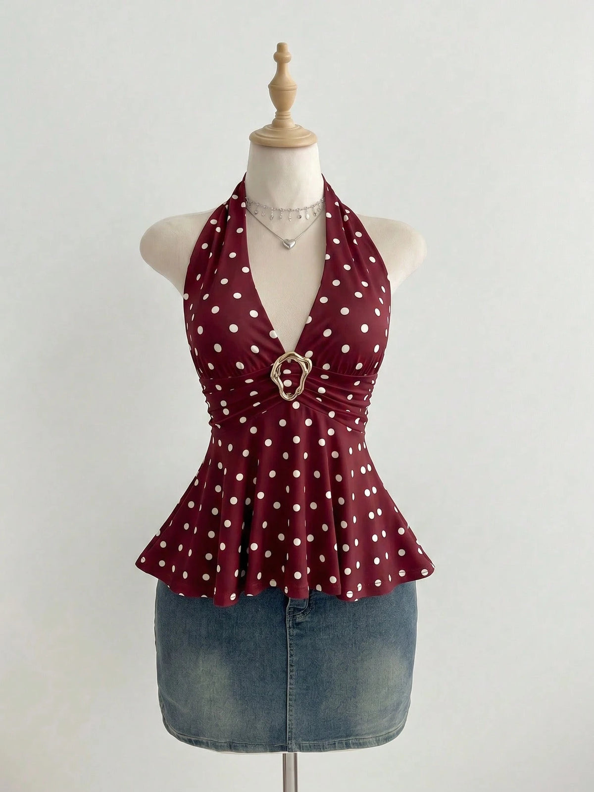 Elamini Women's Simple Polka Dot Metal Decor Halter Neck Tank Top, Summer
